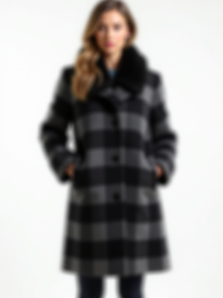 Manteau en laine à carreaux noir et gris